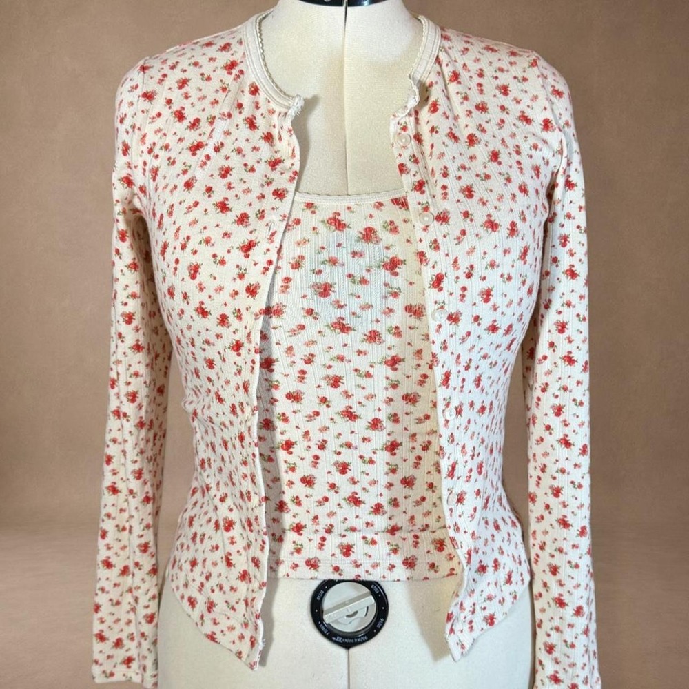 Parke Floral Cardigan Top Red Rose Print Button Front Long Sleeve S